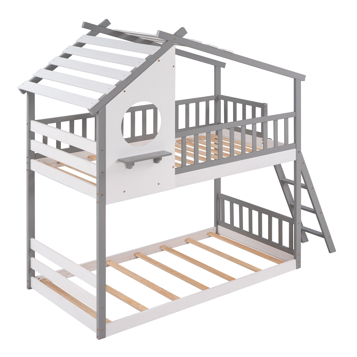 Twin Over Twin Bunk Bed Wood Bed with Roof, Window, Ladder ( Gray)(OLD SKU :LP000008AAE) - Home Elegance USA