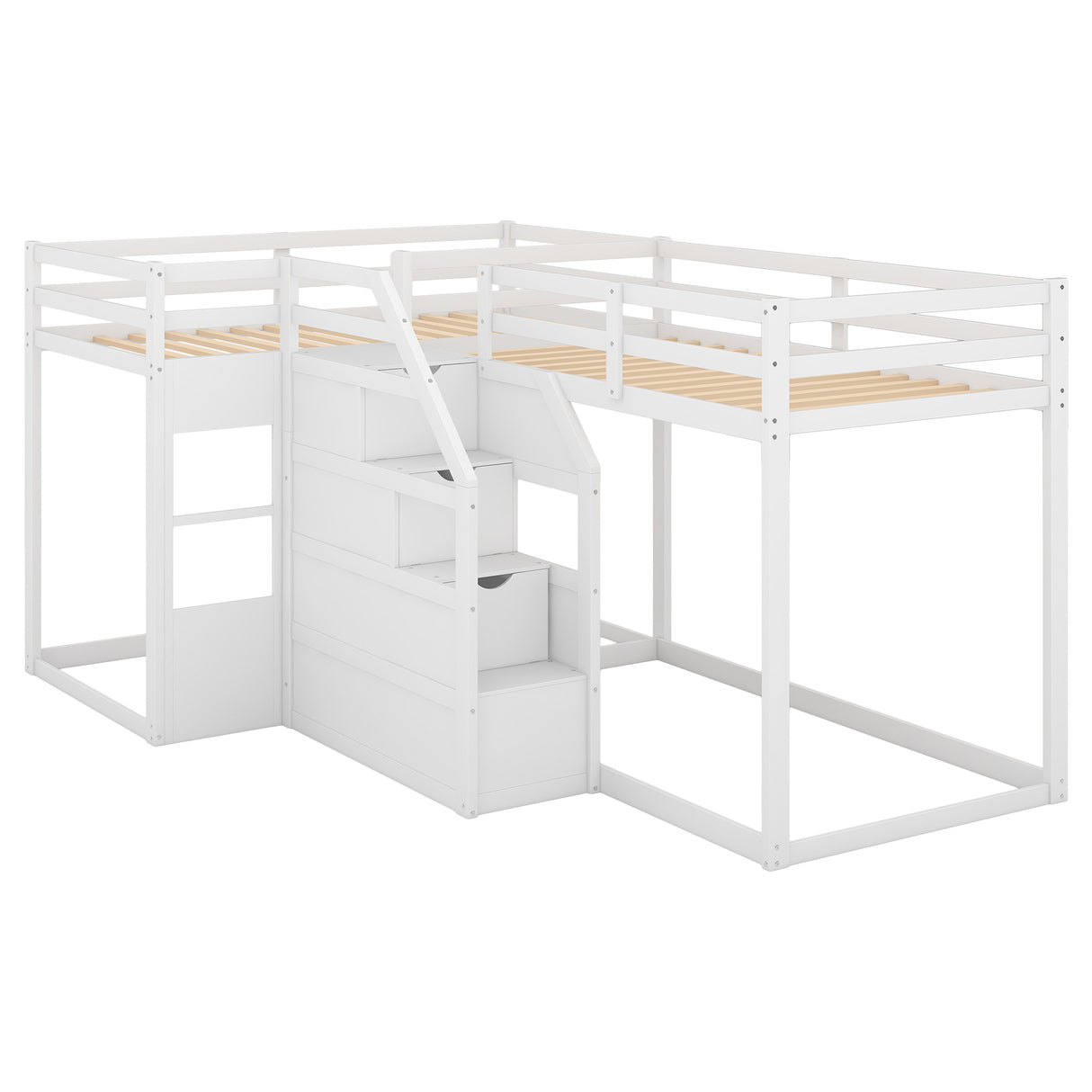 Twin over Twin L-Shaped Bunk Bed with Built-in Middle Staircase,White - Home Elegance USA