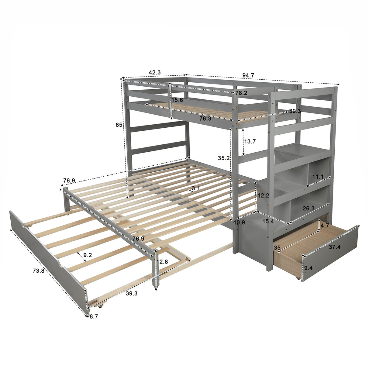 Twin over Twin/King (Irregular King Size) Bunk Bed with Twin Size Trundle, Extendable Bunk Bed   (Gray)(OLD SKU :LP000032AAE) - Home Elegance USA