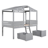 Twin Size Low Loft Wood House Bed with Two Drawers, Gray - Home Elegance USA