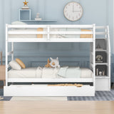 Full-over-Full Bunk Bed with Twin Size Trundle and 3 Storage Stairs,White - Home Elegance USA