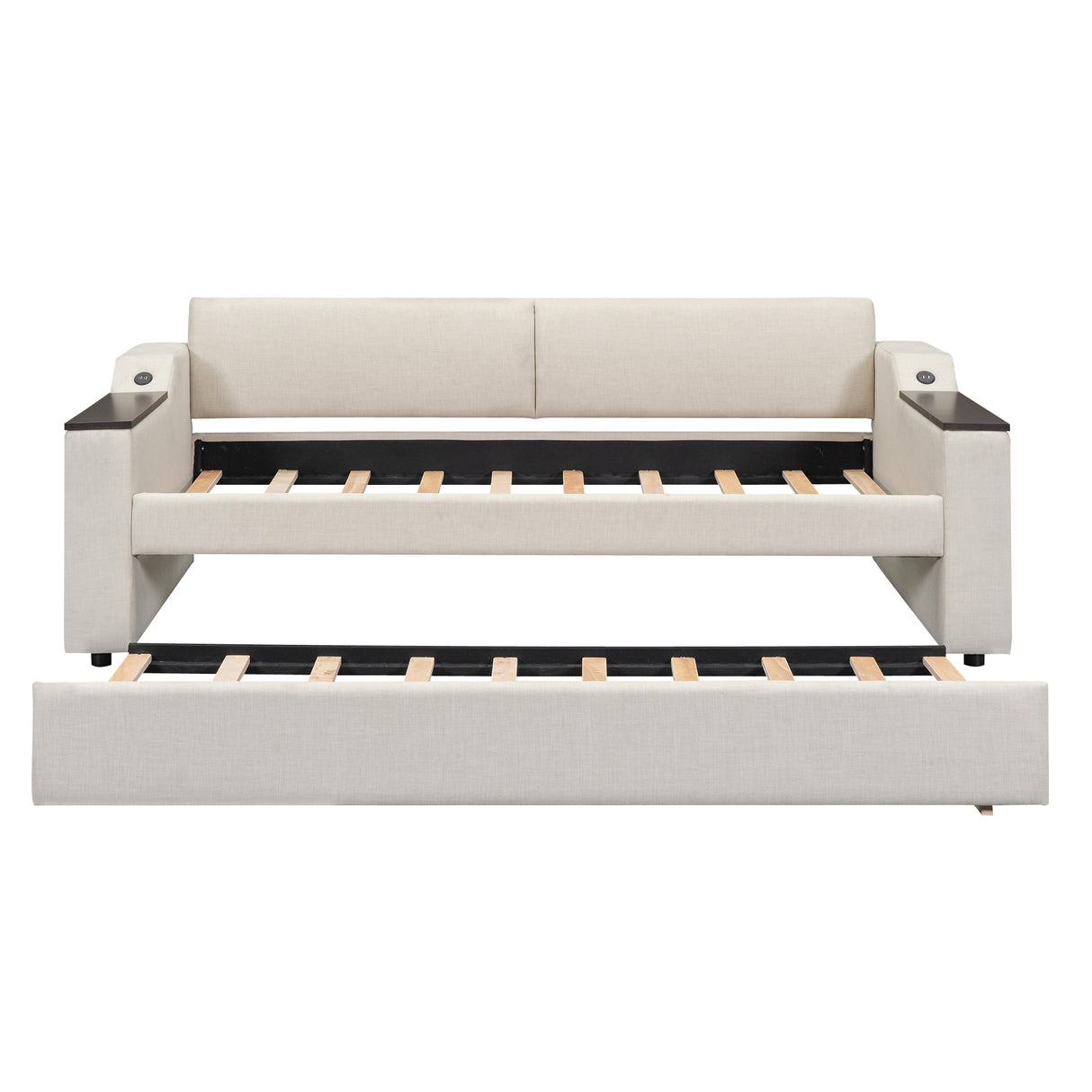 Twin Size Upholstery Daybed with Storage Arms, Trundle and USB Design, Beige