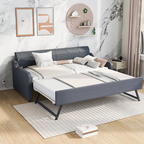 Twin Size Upholstery DayBed with Trundle and USB Charging Design,Trundle can be flat or erected,Gray - Home Elegance USA