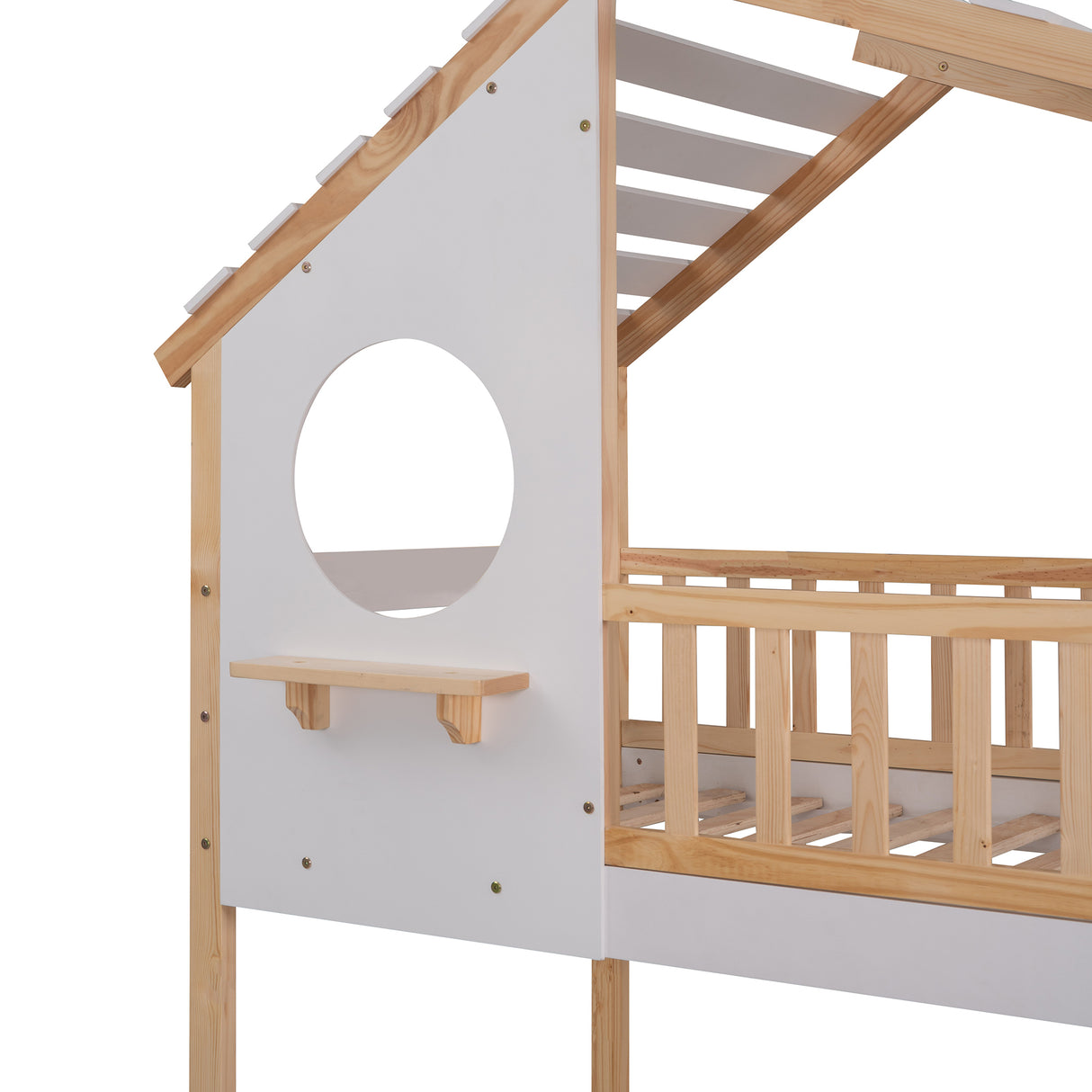 Twin Over Twin Bunk Bed Wood Bed with Roof, Window, Ladder ( Natural )(OLD SKU :LP000008AAD) - Home Elegance USA