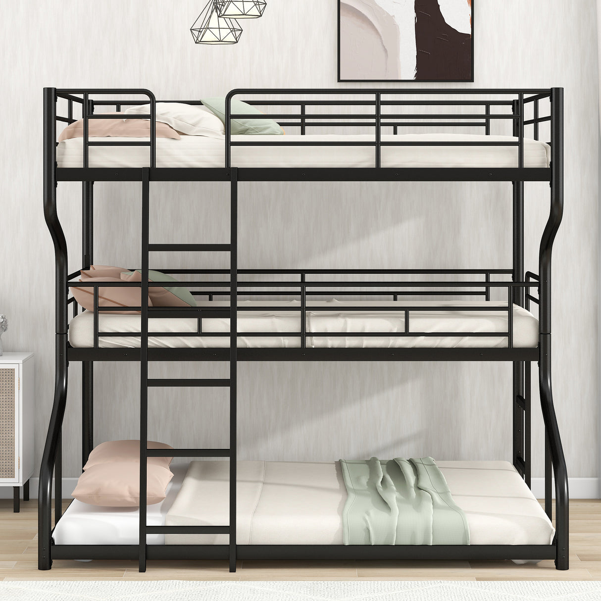 Full XL over Twin XL over Queen Size Triple Bunk Bed with Long and Short Ladder,Black - Home Elegance USA