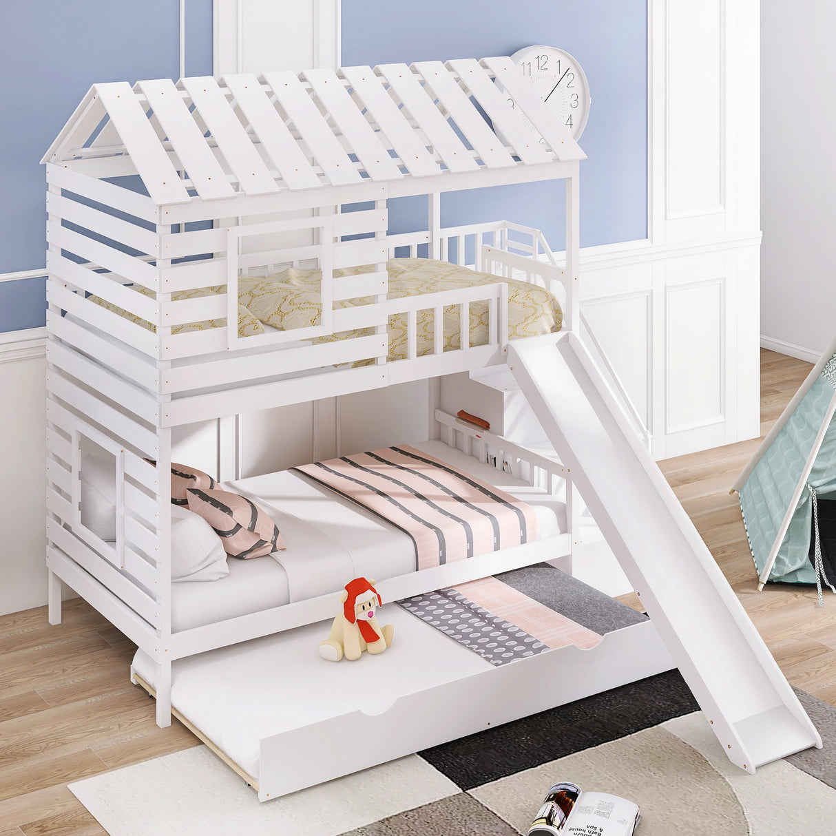 Twin over Twin House Bunk Bed with Trundle and Slide, Storage Staircase,Roof and Window Design, White - Home Elegance USA
