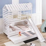 Twin over Twin House Bunk Bed with Trundle and Slide, Storage Staircase,Roof and Window Design, White - Home Elegance USA