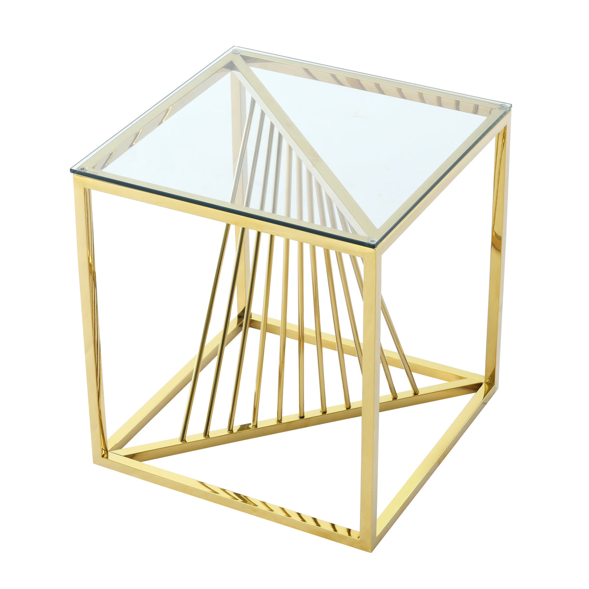 20 Inch Modern Glass End Table with Geometric Metal Frame, Accent Table Nightstand Furniture Corner Table for Living Room,Home Office,Bedroom - Gold - Home Elegance USA