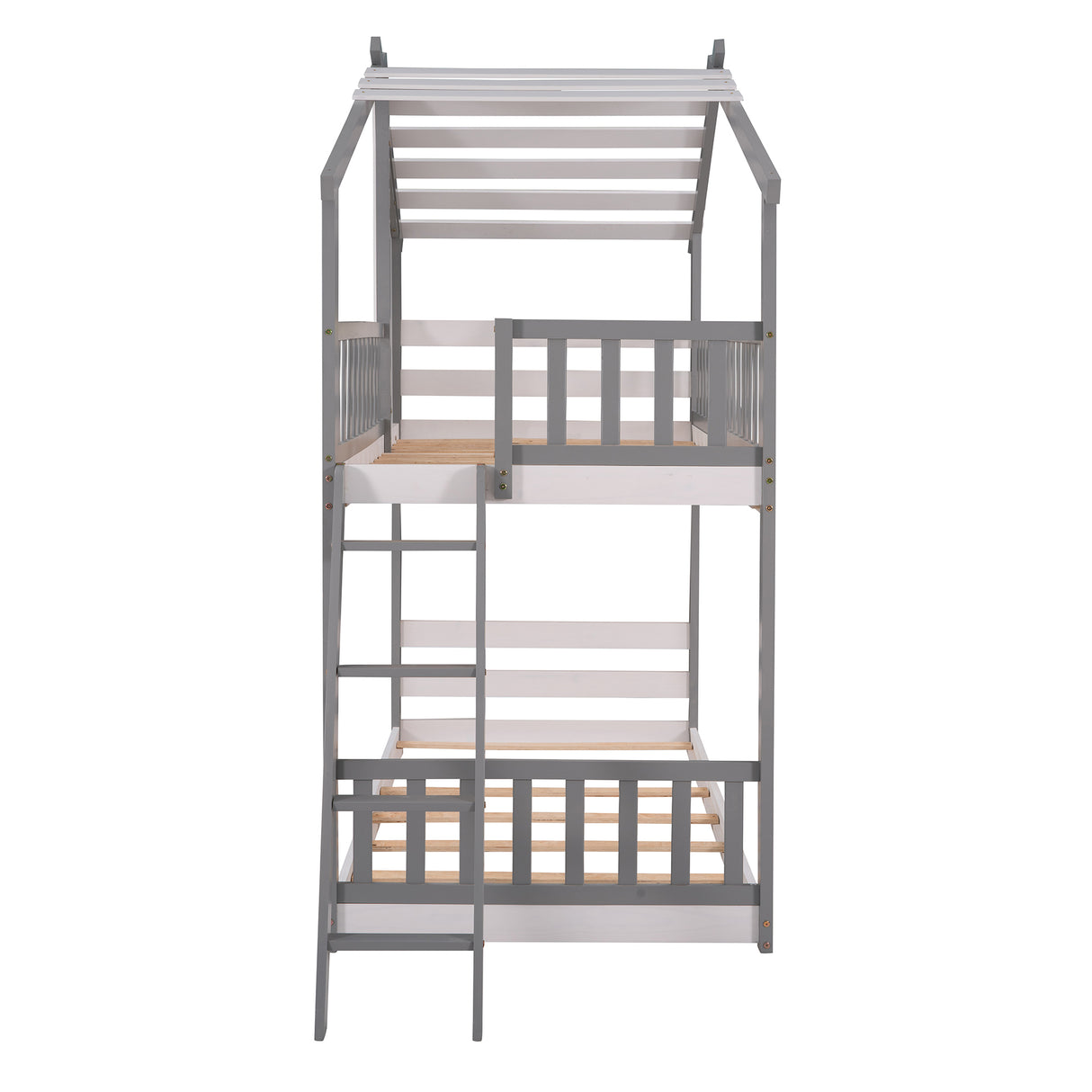 Twin Over Twin Bunk Bed Wood Bed with Roof, Window, Ladder ( Gray)(OLD SKU :LP000008AAE) - Home Elegance USA