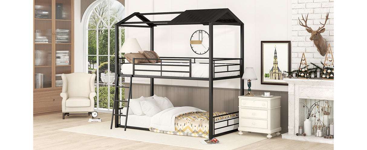 Twin Over Twin Bunk Bed Metal Bed with Half Roof, Guardrail and Ladder Black - Home Elegance USA