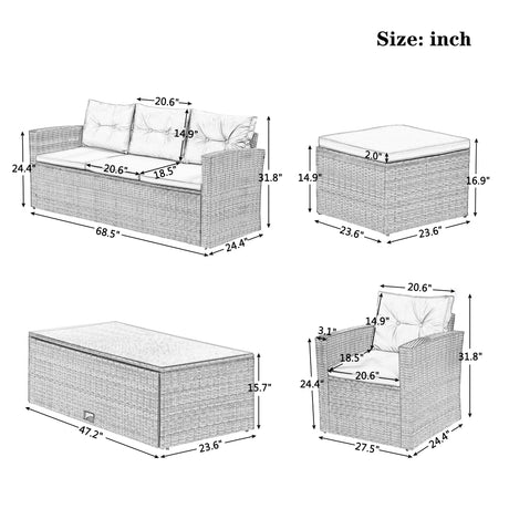 GO 6-piece All-Weather Wicker PE rattan Patio Outdoor Dining Conversation Sectional Set with coffee table, wicker sofas, ottomans,  removable cushions (Dark grey wicker, Light grey cushion)