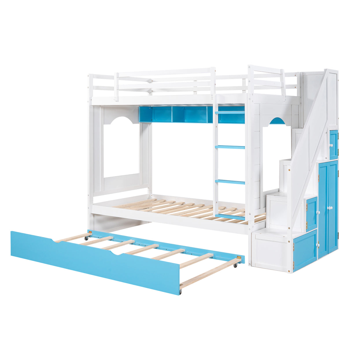 Twin Over Twin Bunk Bed with Trundle ,Stairs,Ladders Solid Wood Bunk bed with Storage Cabinet （White + Blue） - Home Elegance USA