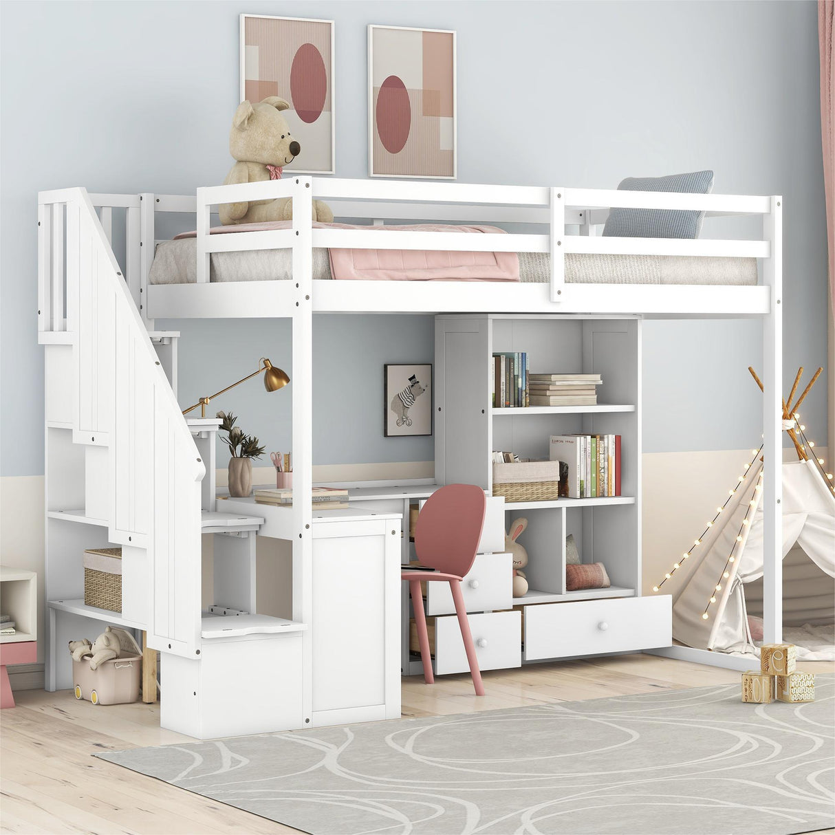 Twin Size Loft Bed with L-Shaped Desk and Drawers, Cabinet and Storage Staircase, White - Home Elegance USA