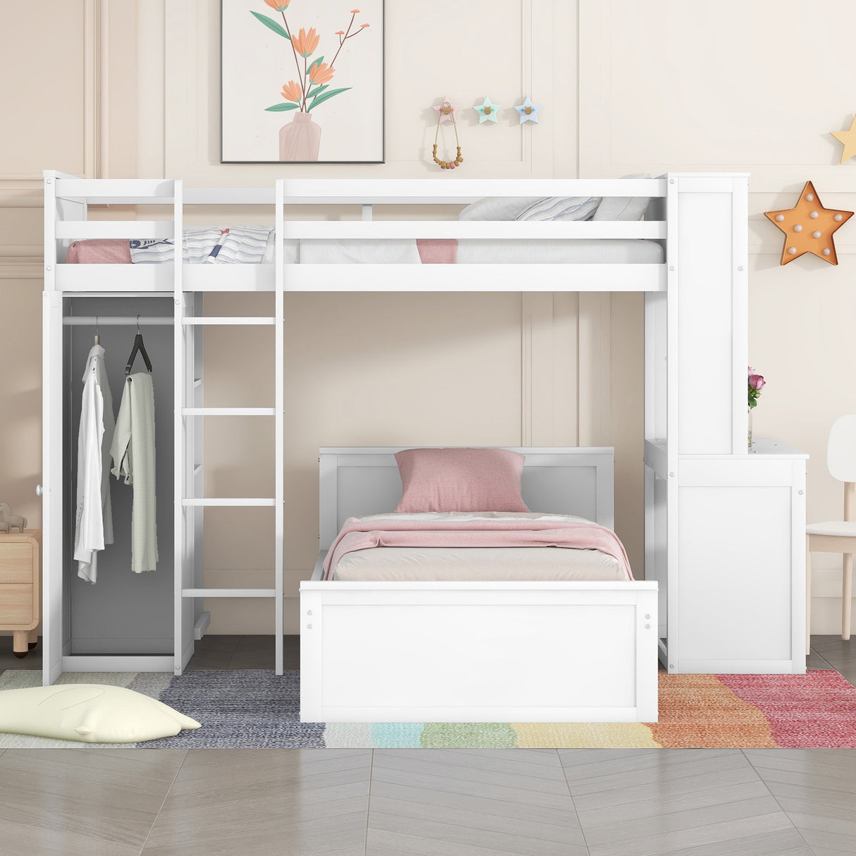 Twin size Loft Bed with a Stand-alone bed, Shelves,Desk,and Wardrobe-White - Home Elegance USA