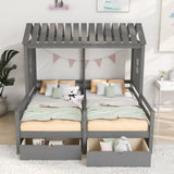 Twin Size House Platform Beds with Two Drawers for Boy and Girl Shared Beds, Combination of 2 Side by Side Twin Size Beds,Grey - Home Elegance USA