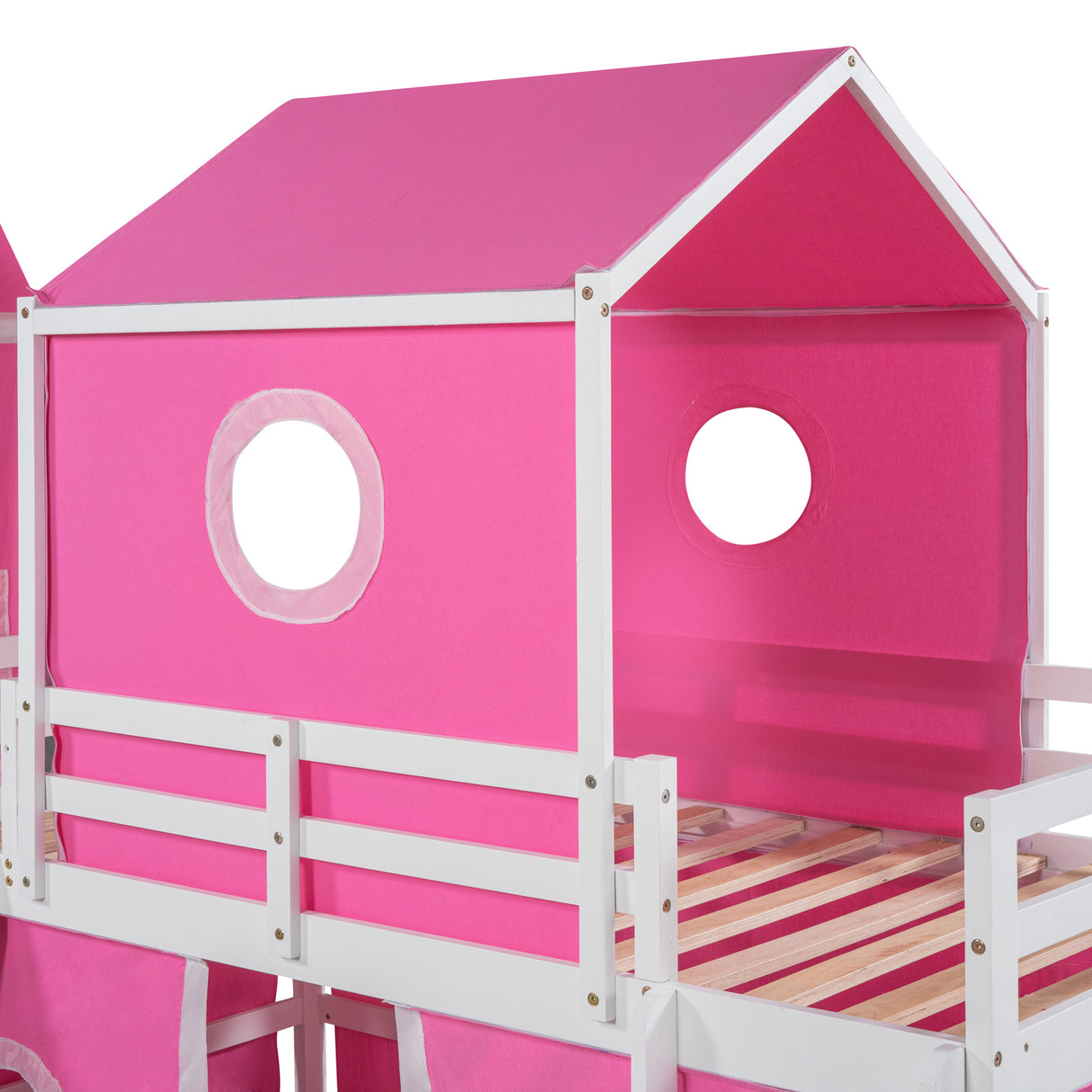 Twin Size Bunk Bed with Slide Pink Tent and Tower - Pink - Home Elegance USA