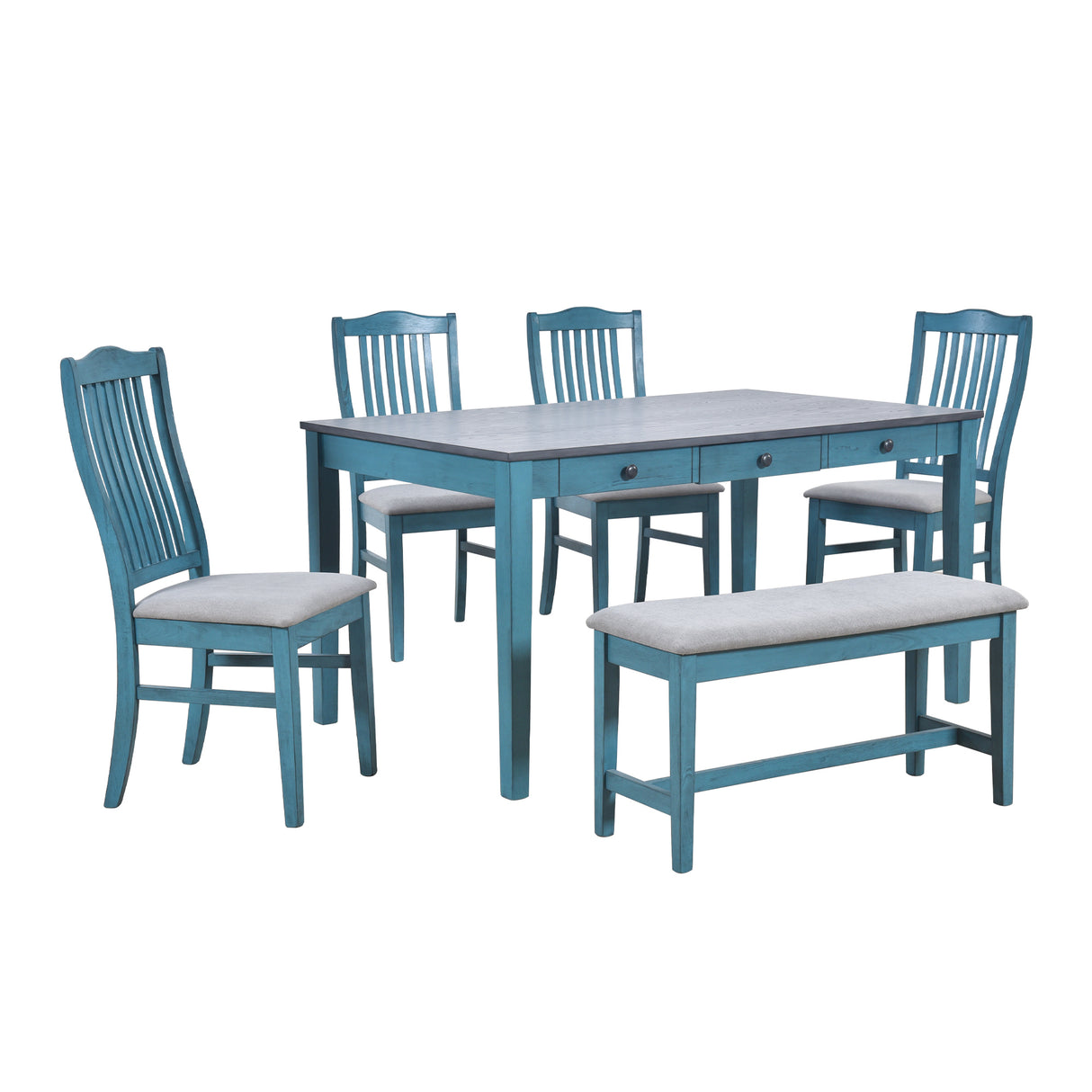 TOPMAX Mid-Century 6-Piece Wood Dining Table Set, Kitchen Table Set with Drawer, Upholstered Chairs and Bench, Antique Blue - Home Elegance USA