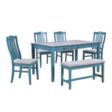 TOPMAX Mid-Century 6-Piece Wood Dining Table Set, Kitchen Table Set with Drawer, Upholstered Chairs and Bench, Antique Blue - Home Elegance USA