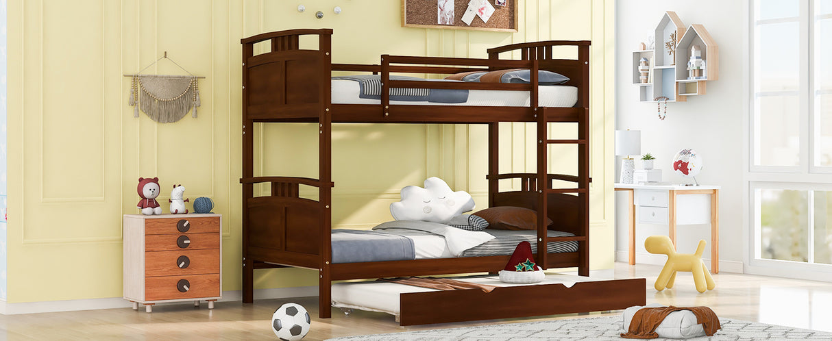 Twin-Over-Twin Bunk Bed with Twin size Trundle , Separable Bunk Bed for Bedroom - Espresso - Home Elegance USA