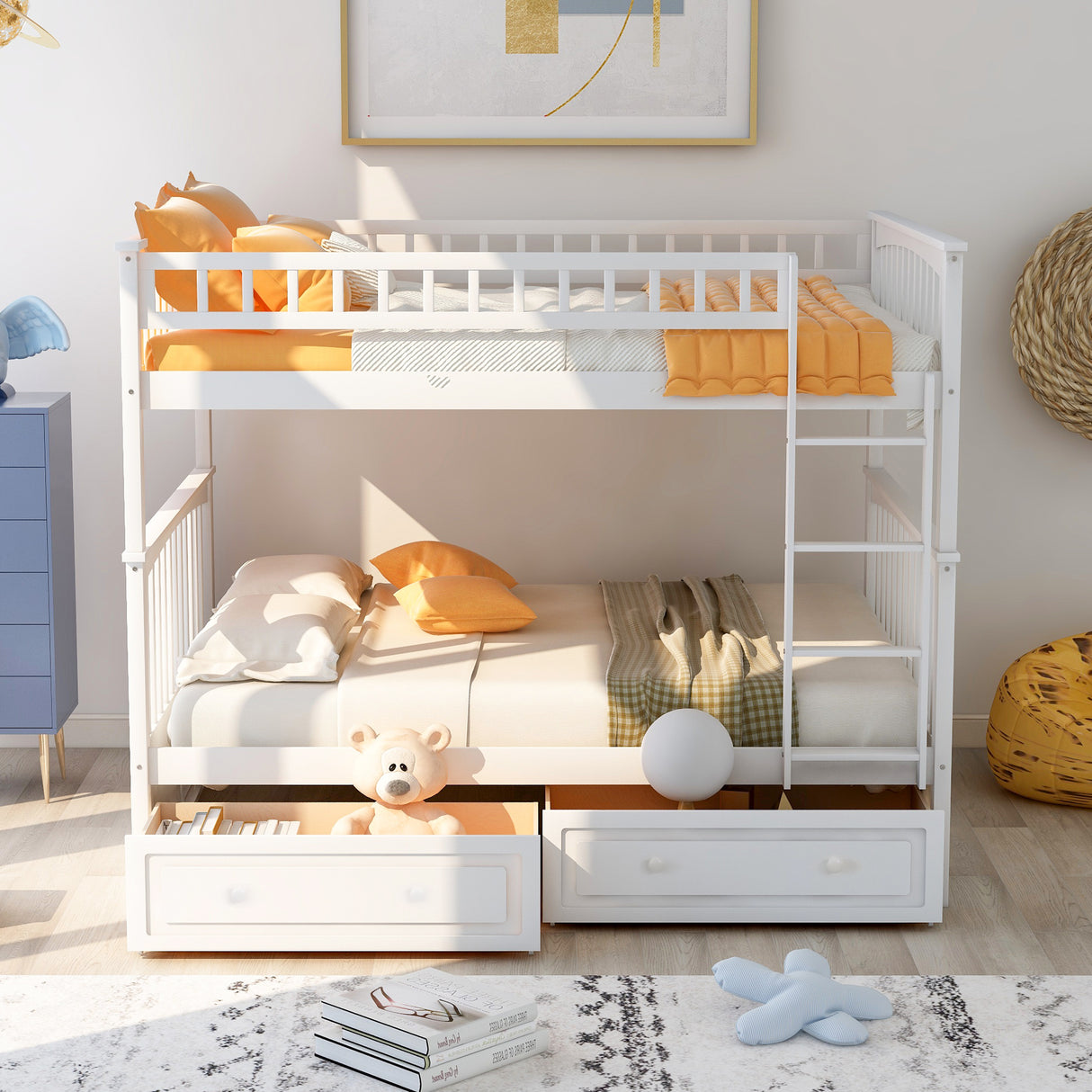 Full over Full Bunk Bed with Drawers, Convertible Beds, White(OLD SKU:SM000241AAK) - Home Elegance USA