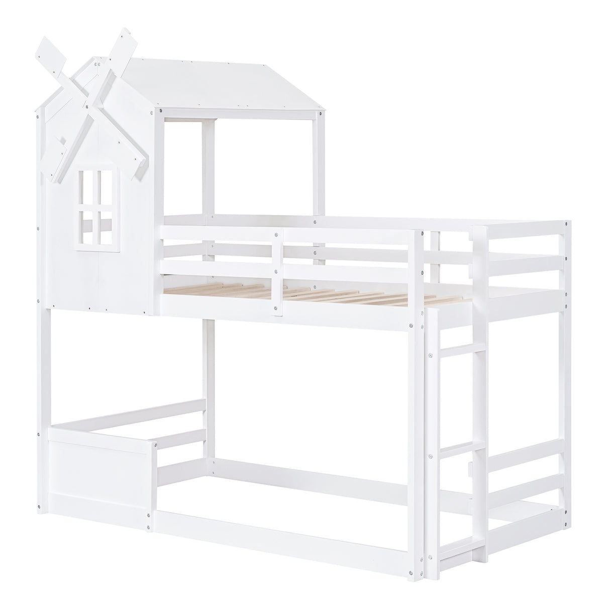 Twin over Twin Bunk Bed with Roof and Window, with Guardrails and Ladder, White - Home Elegance USA