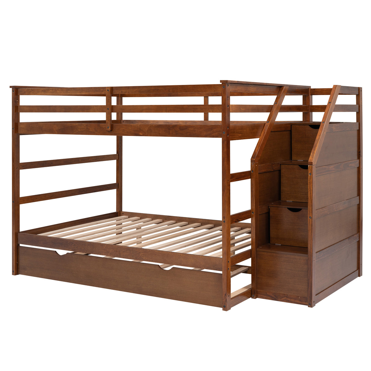 Full-over-Full Bunk Bed with Twin Size Trundle and 3 Storage Stairs,Walnut - Home Elegance USA