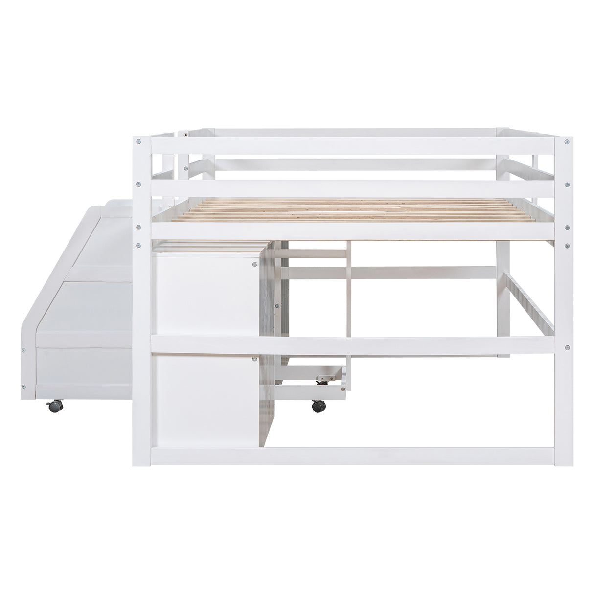 Full Size Functional Loft Bed with Cabinets and Drawers, Hanging Clothes at the back of the Staircase, White - Home Elegance USA