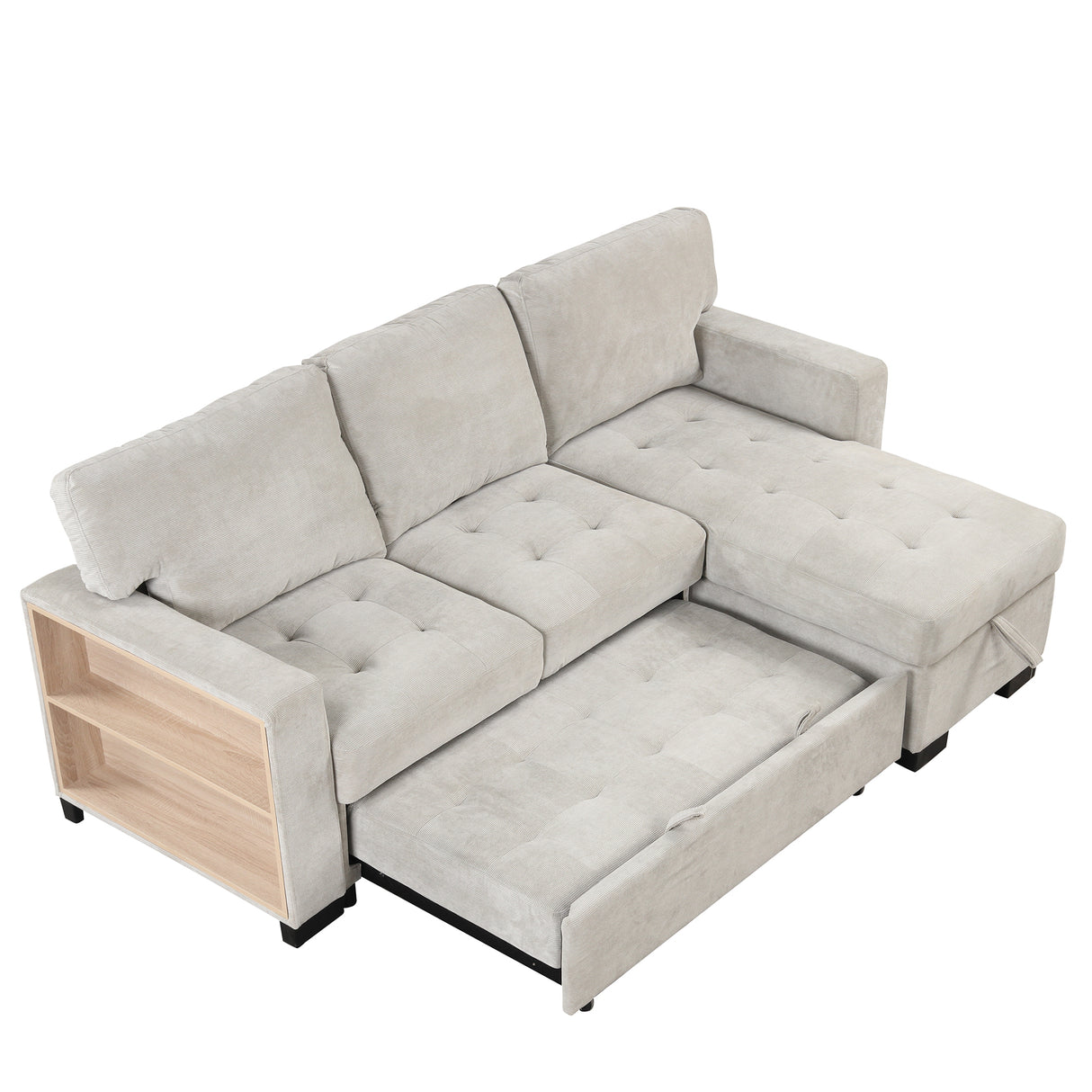 Stylish and Functional Light Chaise Lounge Sectional with Storage Rack Pull-out Bed Drop Down Table  and USB Charger Light Gray - Home Elegance USA