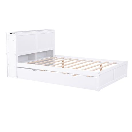 Full Size Storage Platform Bed with Pull Out Shelves and Twin Size Trundle, White - Home Elegance USA