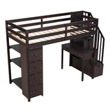 Twin size Loft Bed with Storage Drawers ,Desk and Stairs, Wooden Loft Bed with Shelves - Espresso - Home Elegance USA