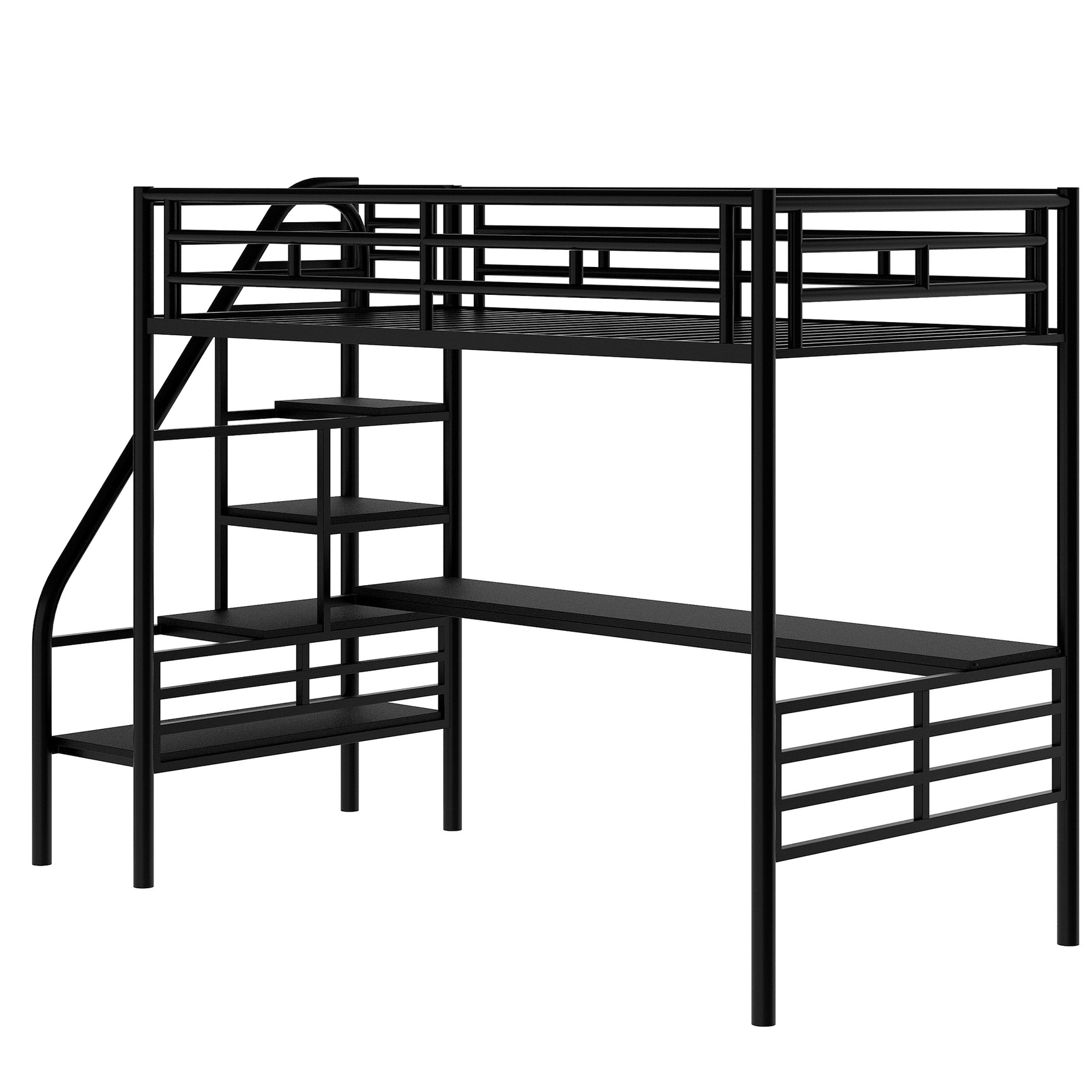 Metal Loft Bed Frame with Desk, No Box Spring Needed,Twin ,Black - Home Elegance USA