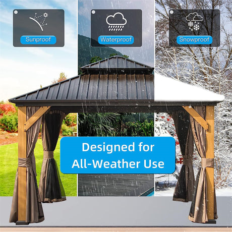 Brown Cedar Wood 12'x12' Hardtop Gazebo: Galvanized Steel Roof, Curtains, Netting - Ideal for Patio, Backyard, Lawn