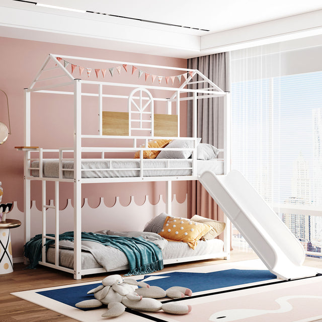 Twin Over Twin Metal Bunk Bed ,Metal Housebed With Slide,Three Colors Available.(White with White  Slide)(OLD SKU :LP000095AAK) - Home Elegance USA