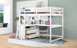 Full Size Loft Bed with Desk and Shelves,Two Built-in Drawers,White - Home Elegance USA