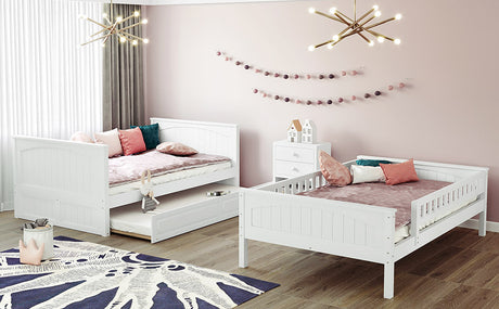 Full Over Full Bunk Bed with Twin Size Trundle, Pine Wood Bunk Bed with Guardrails, White （Old SKU:LP000044AAK）