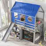 Twin over Twin House Bunk Bed with Blue Tent, Slide, Shelves and Blackboard, Gray - Home Elegance USA