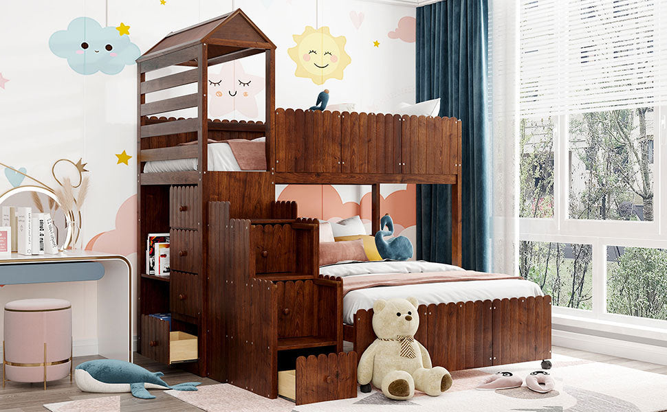 Stairway Twin Over Full Bunk Bed, House Bed with Two Shelves and Seven Drawers,Walnut - Home Elegance USA