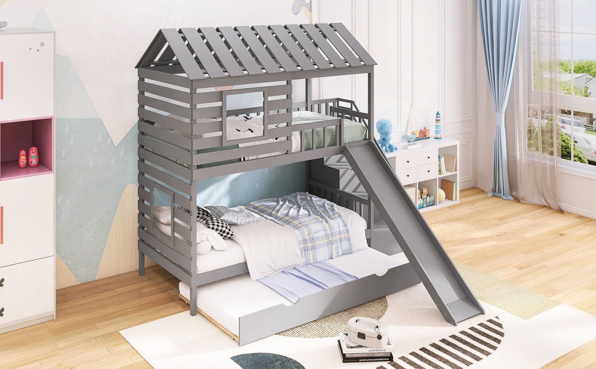 Twin over Twin House Bunk Bed with Trundle and Slide ,Storage Staircase,Roof and Window Design, Gray Home Elegance USA