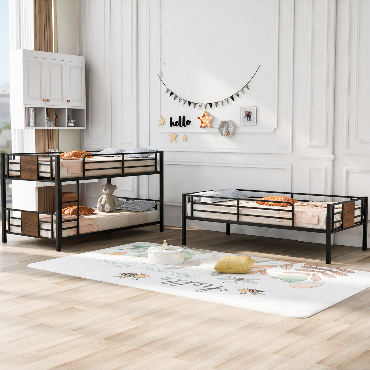 Twin Size Triple Metal Bunk Bed, with Wood Decoration Headboard and Footboard, Brown - Home Elegance USA