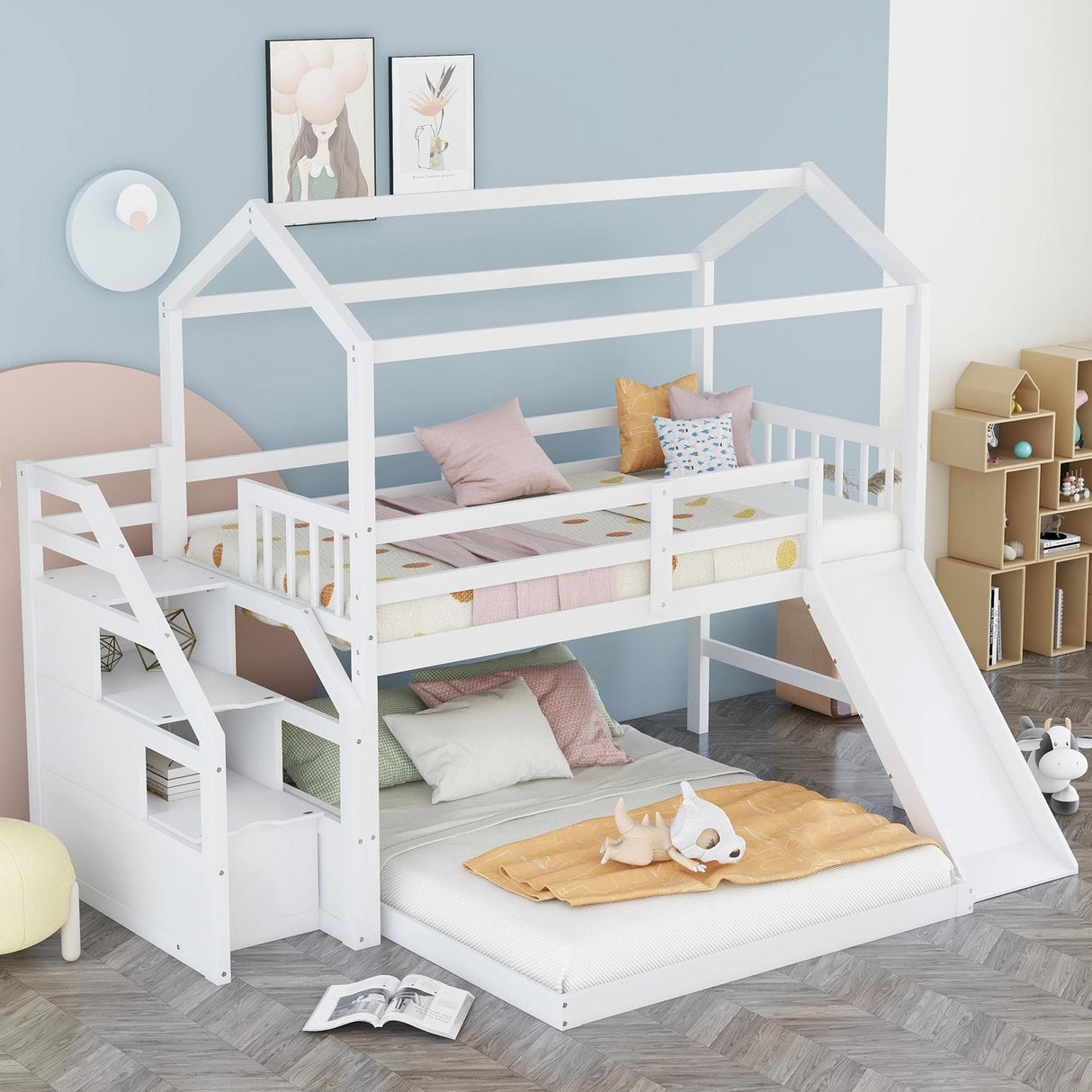 Twin over Full House Bunk Bed with Convertible Slide and Storage Staircase,Full-Length Guardrail,White - Home Elegance USA