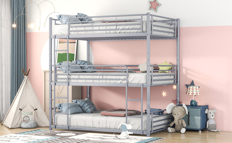 Full-Full-Full Metal  Triple Bed  with Built-in Ladder, Divided into Three Separate Beds,Gray - Home Elegance USA