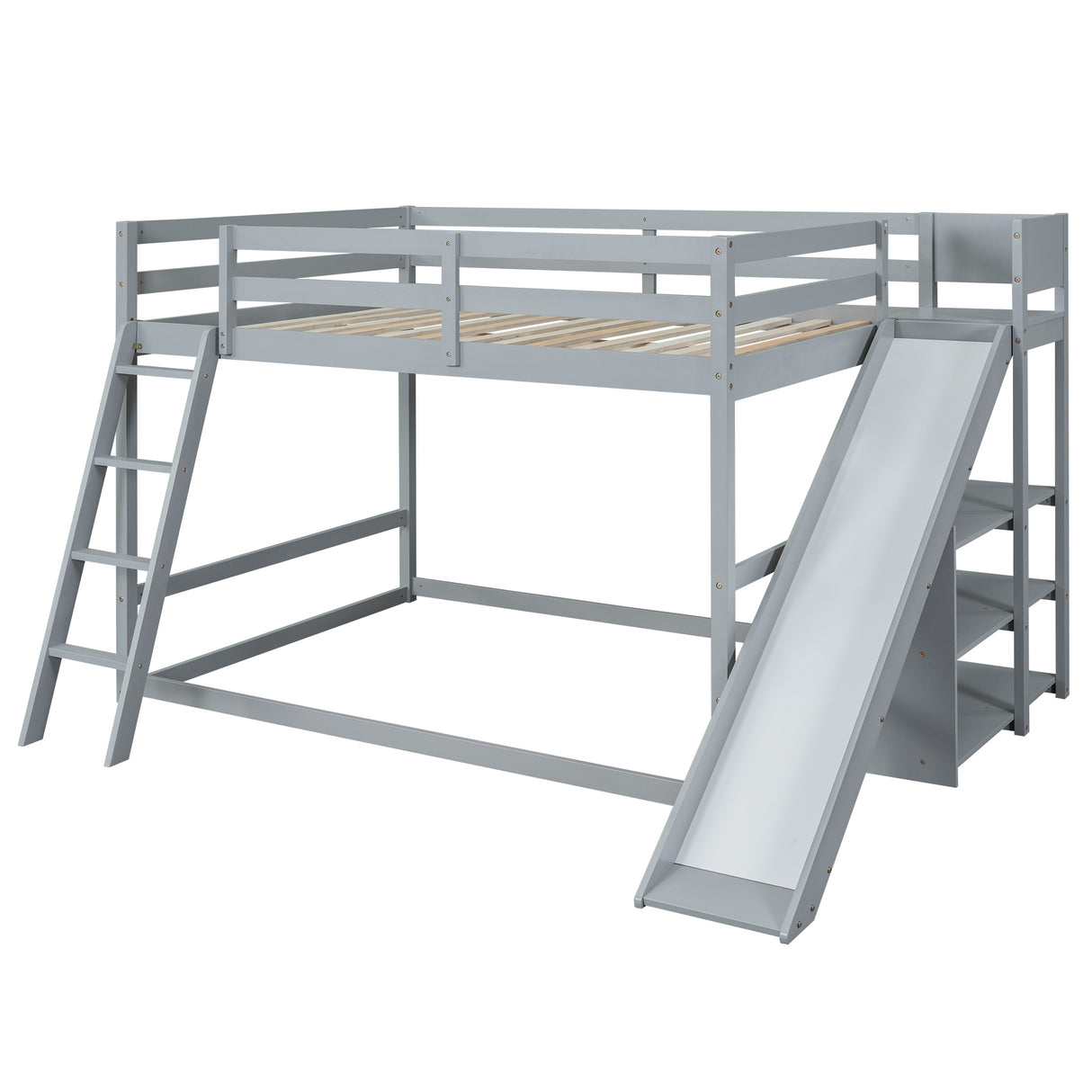 Full over Full Bunk Bed with Ladder, Slide and Shelves, Gray - Home Elegance USA