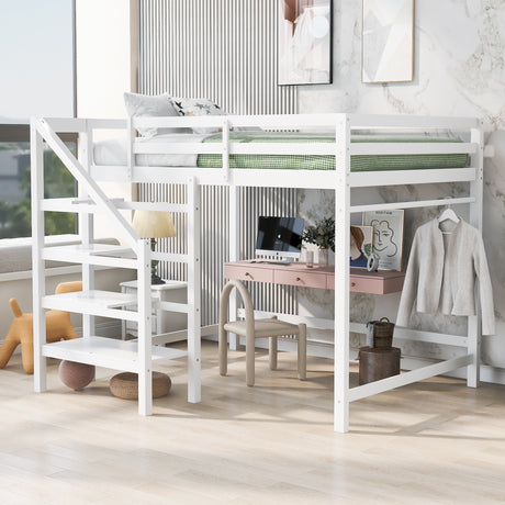 Full Size Loft Bed with Built-in Storage Staircase and Hanger for Clothes,White - Home Elegance USA