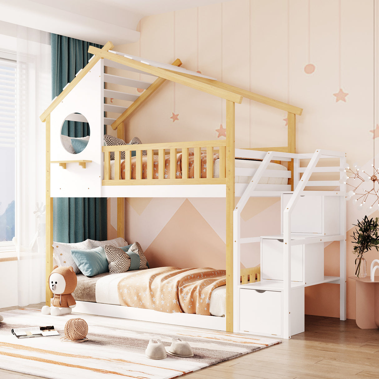 Stairway Twin-Over-Twin Bunk Bed,House Bed,Storage and Guard Rail,Natural Bed +White Stair - Home Elegance USA