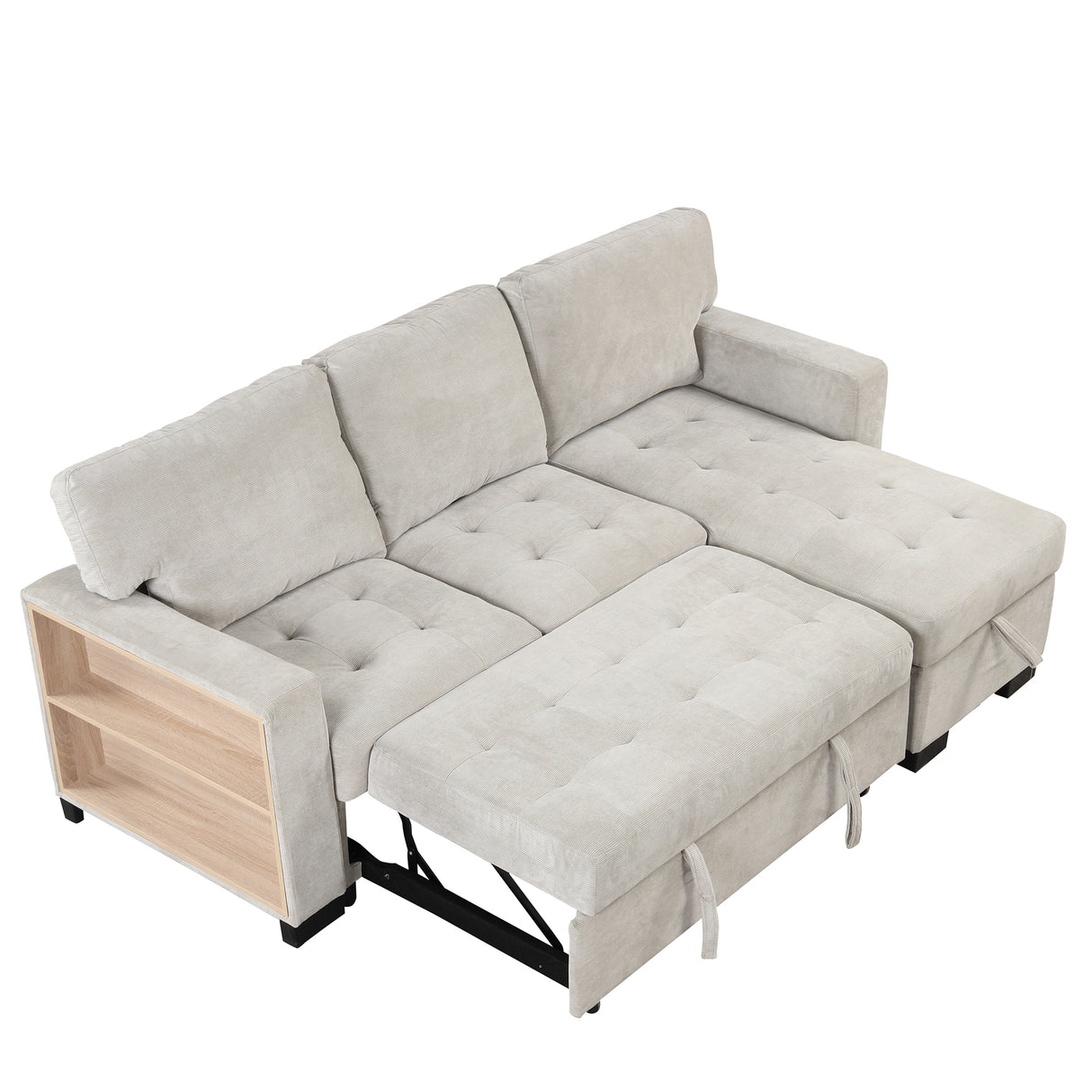 Stylish and Functional Light Chaise Lounge Sectional with Storage Rack Pull-out Bed Drop Down Table  and USB Charger Light Gray - Home Elegance USA