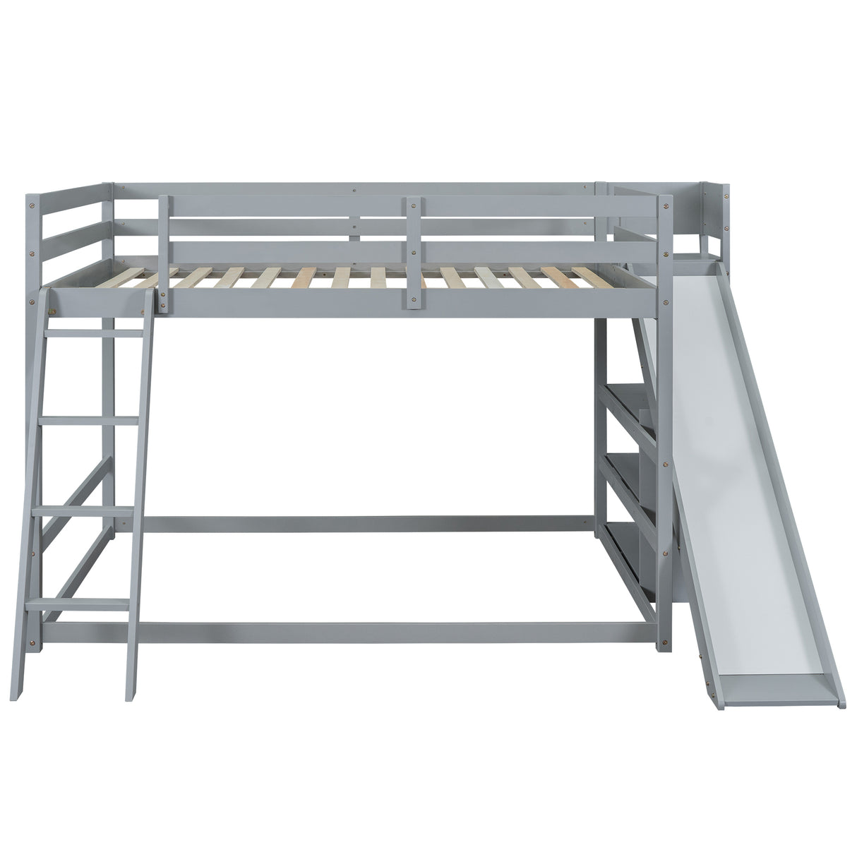 Full over Full Bunk Bed with Ladder, Slide and Shelves, Gray - Home Elegance USA