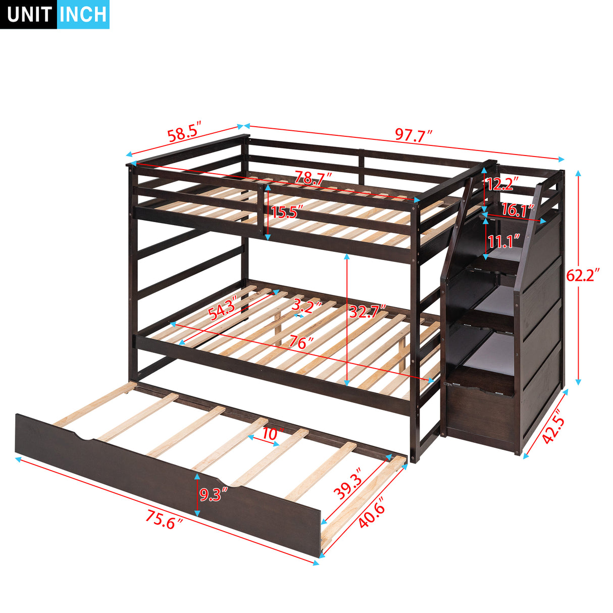 Full-over-Full Bunk Bed with Twin Size Trundle and 3 Storage Stairs,Espresso - Home Elegance USA