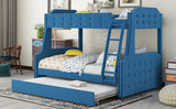 Twin over Full Upholstered Bunk Bed with Trundle and Ladder,Tufted Button Design,Blue - Home Elegance USA