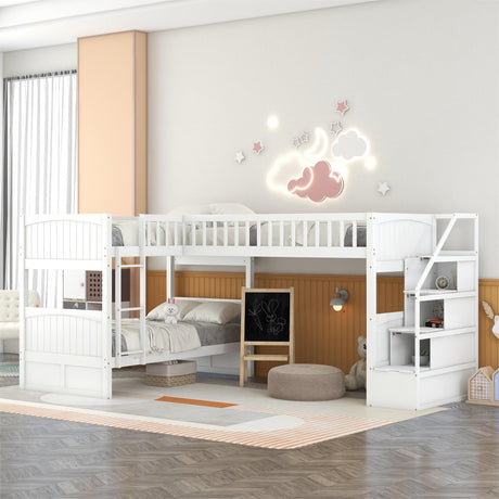 Twin over Twin Wooden L-Shaped Bunk Bed with Ladder and Stairway,White(OLD SKU:SM000303AAK-1) - Home Elegance USA