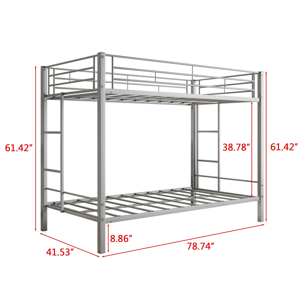 Metal Bunk Bed Twin Over Twin, Heavy Duty Twin Bunk Beds with shelf and Slatted Support No Box Spring Needed Silver - Home Elegance USA